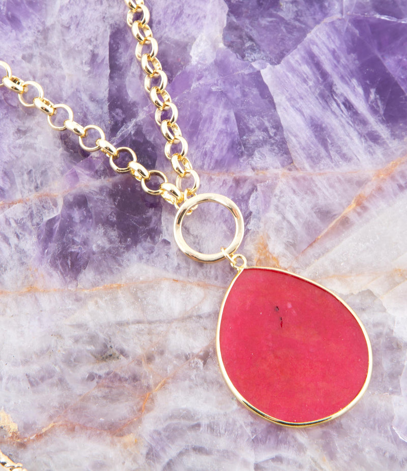 Red Jade Teardrop Golden Chain Necklace - Barse Jewelry