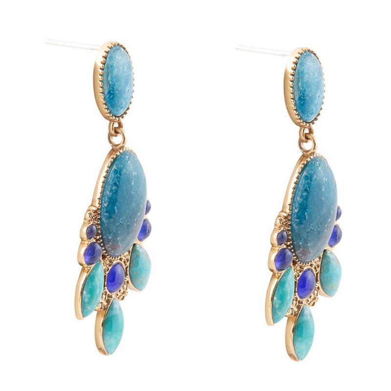 Regal Blue Apatite Mixed Stone Golden Statement Earrings - Barse Jewelry