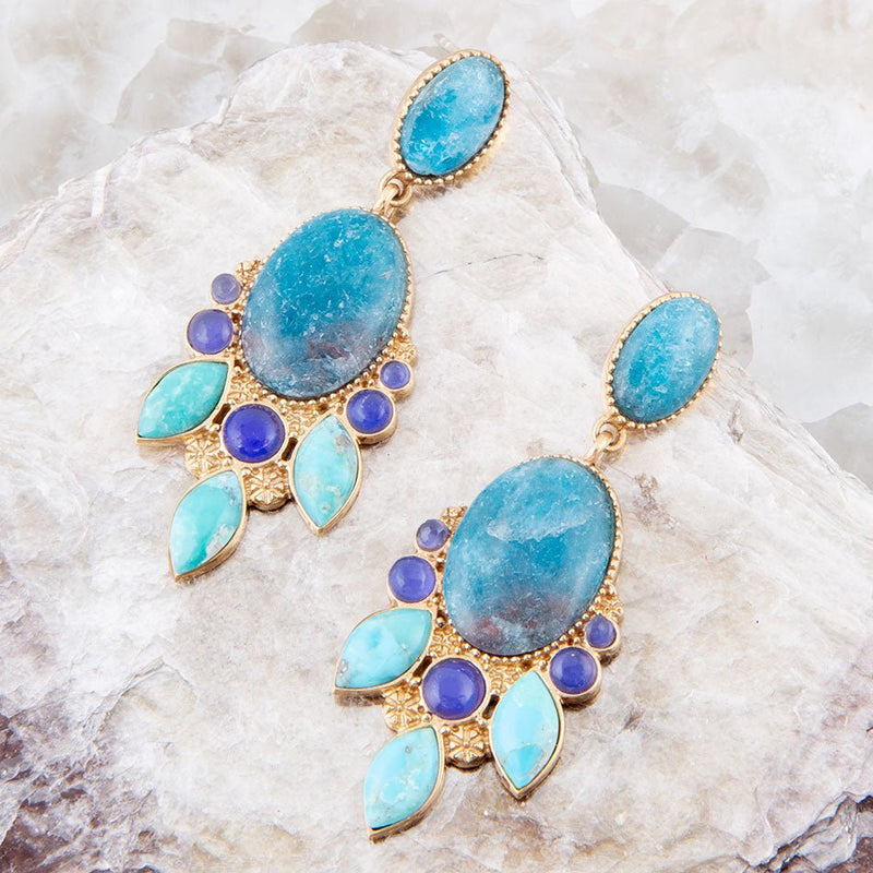 Regal Blue Apatite Mixed Stone Golden Statement Earrings - Barse Jewelry