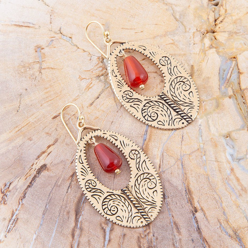 Rustic Red Carnelian Golden Drop Earrings - Barse Jewelry