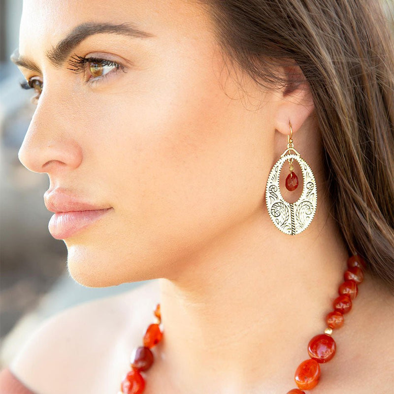 Rustic Red Carnelian Golden Drop Earrings - Barse Jewelry