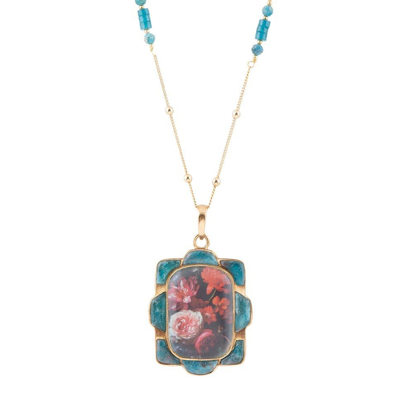 Scenic Dark Florals Blue Apatite Golden Pendant Necklaces - Barse Jewelry