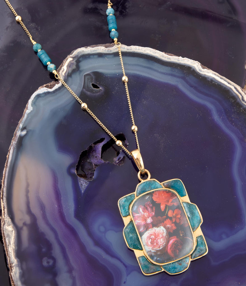 Scenic Dark Florals Blue Apatite Golden Pendant Necklaces - Barse Jewelry