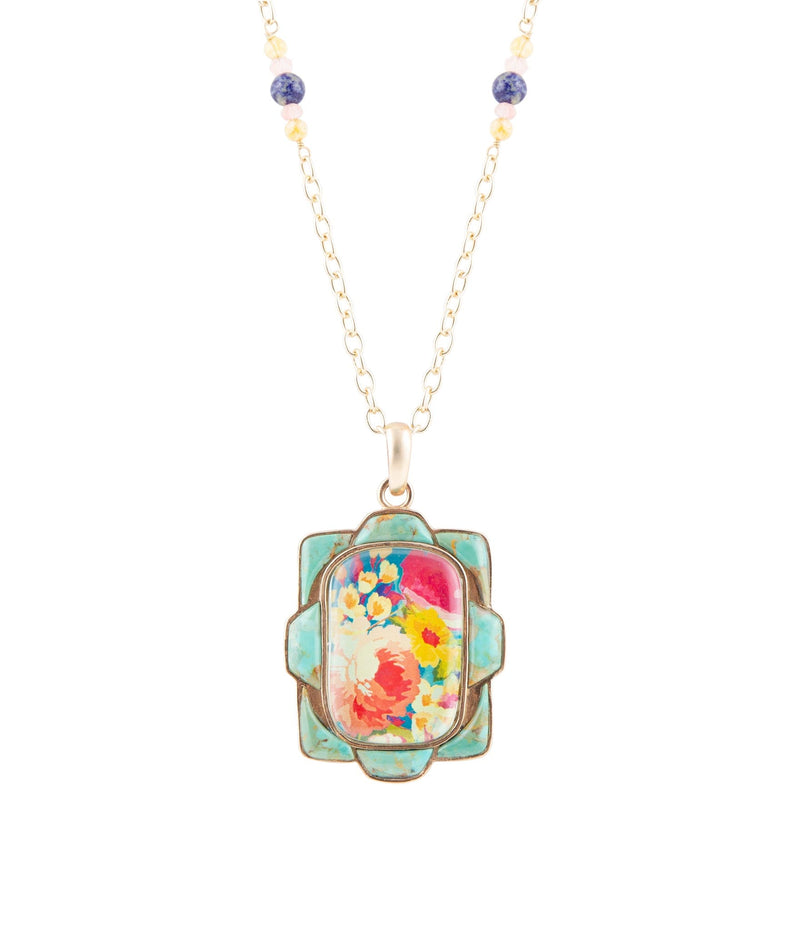 Scenic Floral and Blue Turquoise Golden Necklace - Barse Jewelry