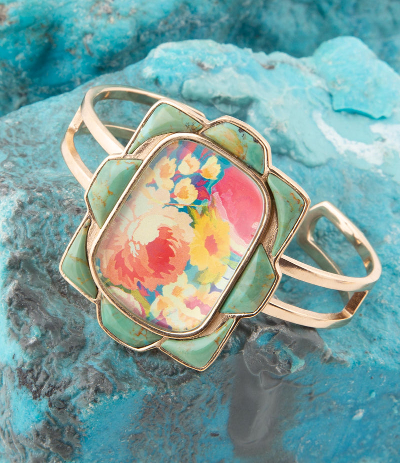 Scenic Floral Blue Turquoise and Golden Cuff Bracelet - Barse Jewelry