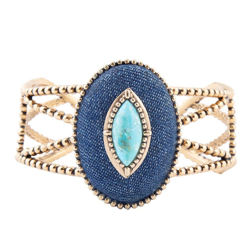 Stacked Blue Turquoise and Blue Denim Golden Cuff Bracelet - Barse Jewelry