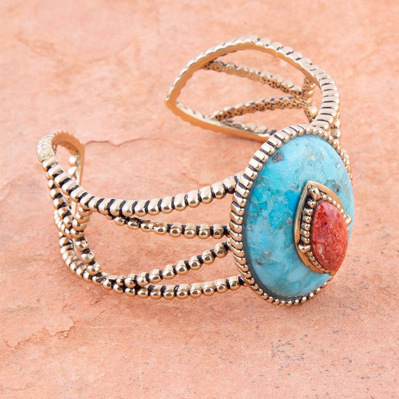 Stacked Blue Turquoise and Coral Golden Cuff Bracelet - Barse Jewelry