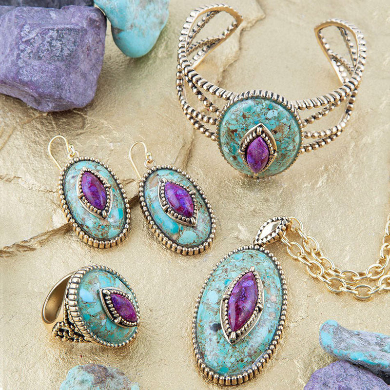 Stacked Stone Blue and Purple Turquoise Golden Drop Earrings