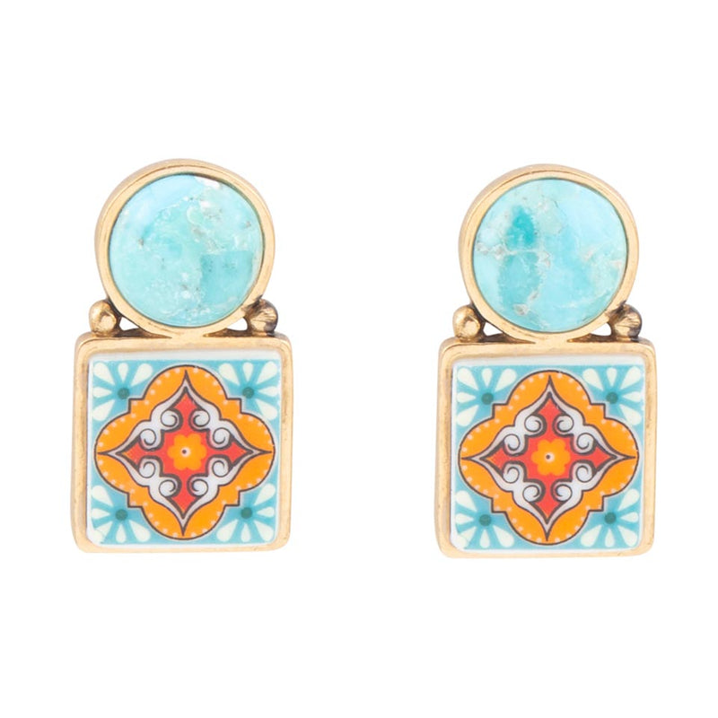 Talavera Tile Blue Turquoise Golden Drop Earrings - Barse Jewelry