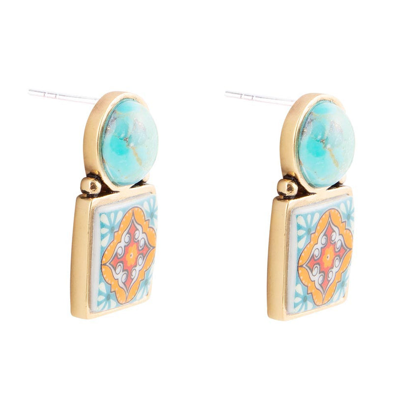 Talavera Tile Blue Turquoise Golden Drop Earrings - Barse Jewelry