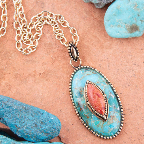 Tapestry Turquoise and Coral Golden Necklace - Barse Jewelry