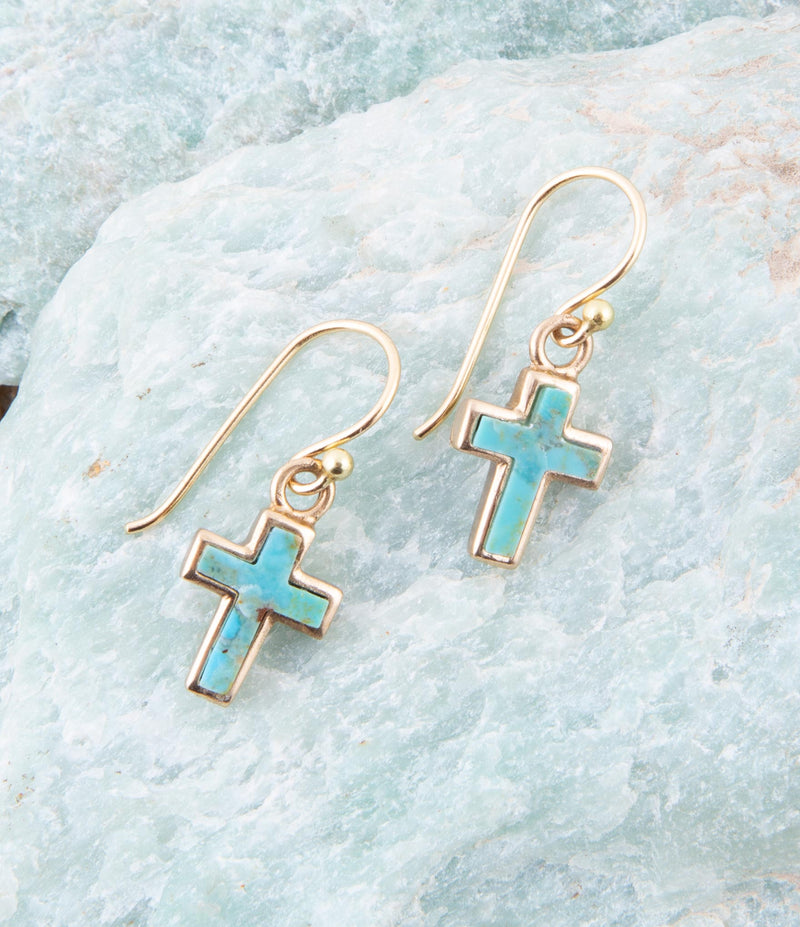 Touch of Blue Turquoise Golden Cross Drop Earrings - Barse Jewelry