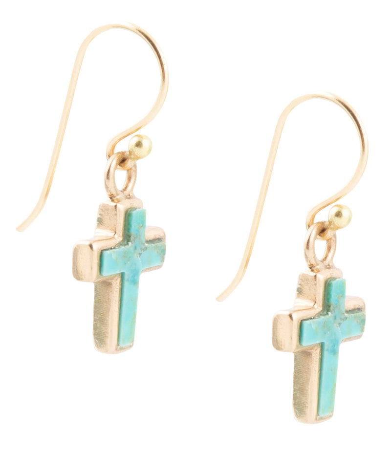 Touch of Blue Turquoise Golden Cross Drop Earrings - Barse Jewelry