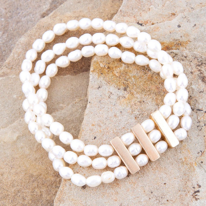 Triple Freshwater White Pearl Clasic Golden Bracelet - Barse Jewelry