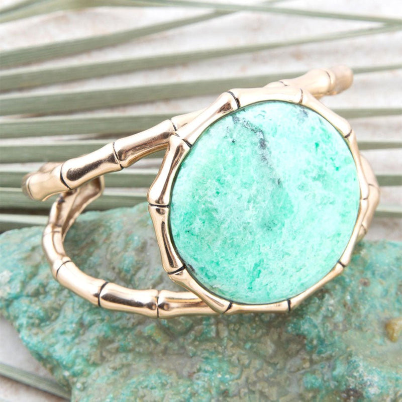 Vibrant Green Chrysoprase Golden Bamboo Statement Cuff Bracelet - Barse Jewelry