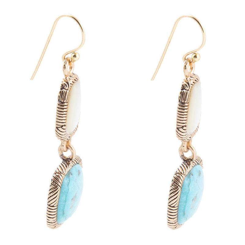 White Mother of Pearl and Blue turquoise Golden Bronze Drop Earrings - Barse Jewelry