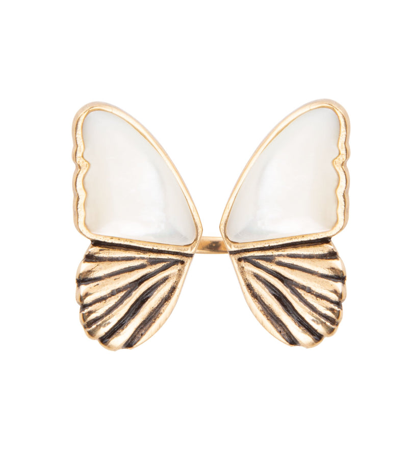 White Mother of Pearl Golden Butterfly Statement Ring - Barse Jewelry