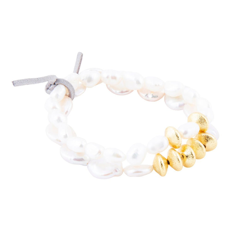 White Pearl Golden Stretch Bracelet Set - Barse Jewelry