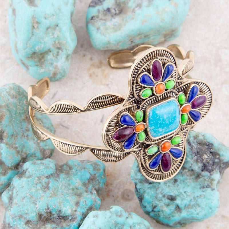 Zion Blue Turquoise Multi - Stone Golden Cuff Bracelet - Barse Jewelry