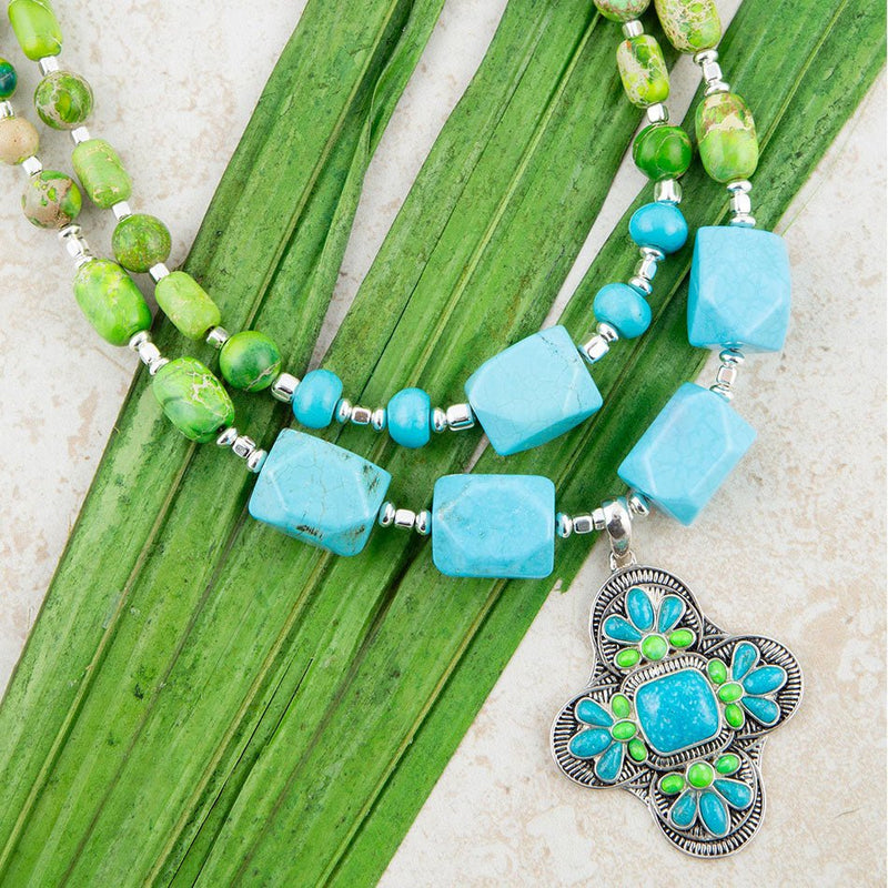 Zion Lime Green and Blue Turquoise and Sterling Silver Statement Necklace - Barse Jewelry