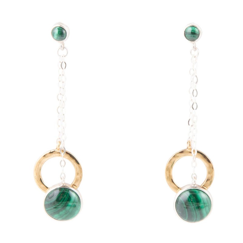 Circle Green Malachite and Two-Toned Metal Dangle Earrings - Barse Jewelry