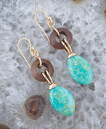 Precious Green Turquoise and Wood Golden Bronze Drop Earrings - Barse Jewelry